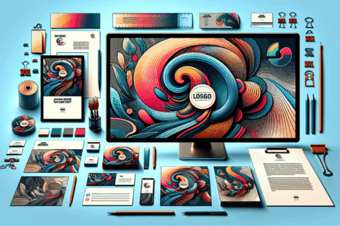 A vibrant and modern creative studio showcasing branding dynamics through collaborative teamwork, digital interfaces displaying core brand identity elements: Purpose, Position, Personality, Perception, and Promotion, emphasizing teamwork and digital innovation.