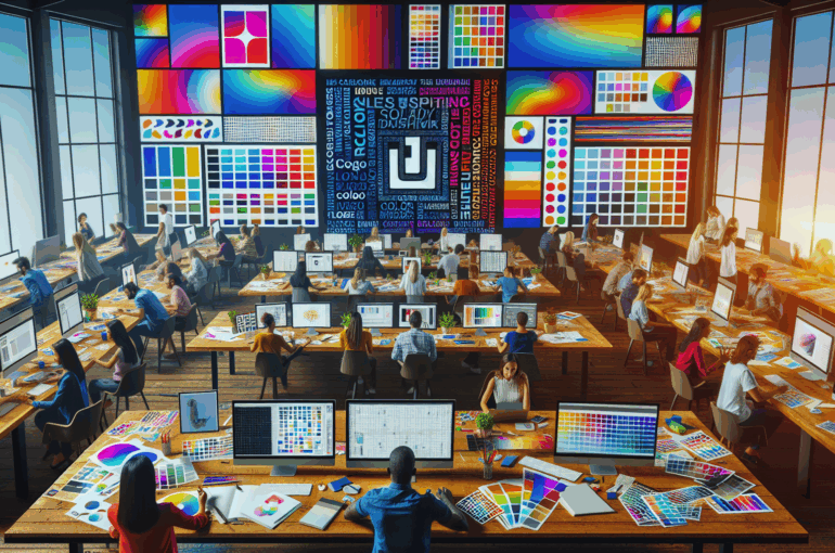 Creative graphic design tools displayed on a computer screen for crafting professional logos, showcasing typography, color swatches, and brand mood boards for dynamic visual branding.